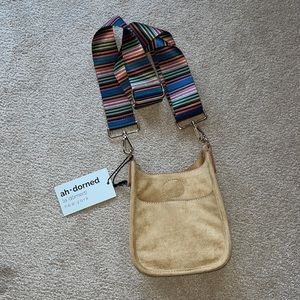 Ah-dorned mini petite vegan suede messenger bag with shoulder strap